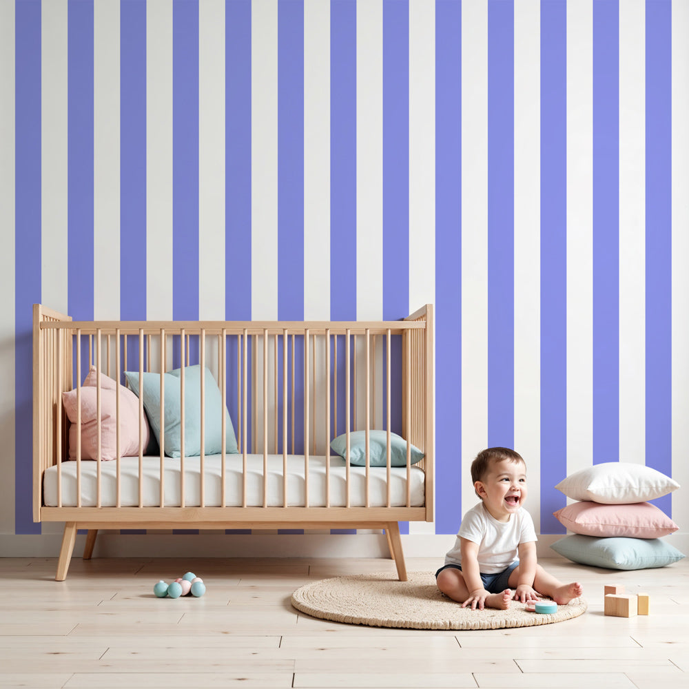 Purple striped mural wallpaper with soft vertical lines in modern nursery by Kids-Mundo