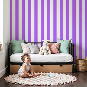 Purple striped mural wallpaper in modern nursery with white crib by Kids-Mundo