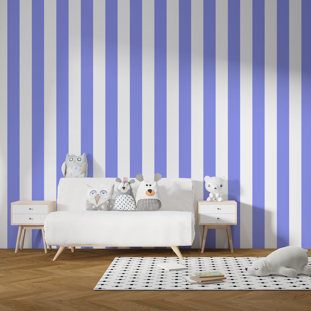 Soft violet striped mural wallpaper paired with light furniture in kids room