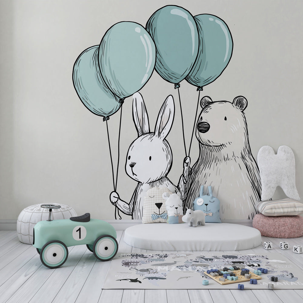 Animal balloon wallpaper creating whimsical atmosphere in cozy baby room decor