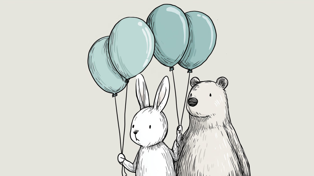 Detailed rabbit and bear with balloons mural wallpaper design pattern by Kids-Mundo