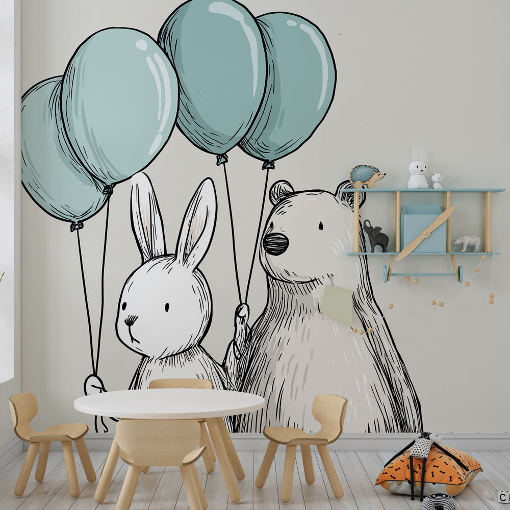 Soft beige rabbit bear wallpaper with turquoise balloons in stylish nursery setting