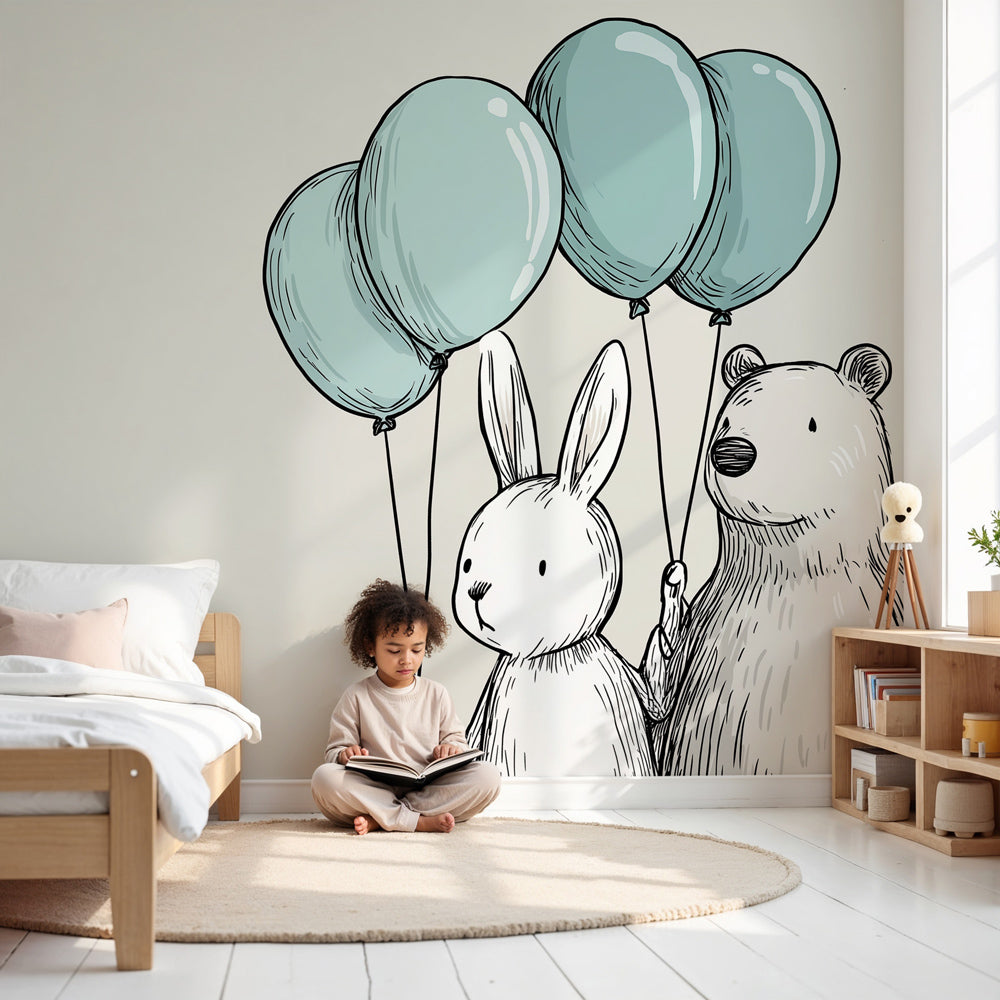 Rabbit and bear balloon mural wallpaper in modern baby nursery with white crib by Kids-Mundo