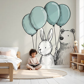 Rabbit and bear balloon mural wallpaper in modern baby nursery with white crib by Kids-Mundo