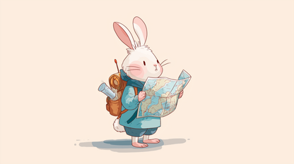 Kids-Mundo flat artwork preview of the rabbit explorer reading a map wall mural design.