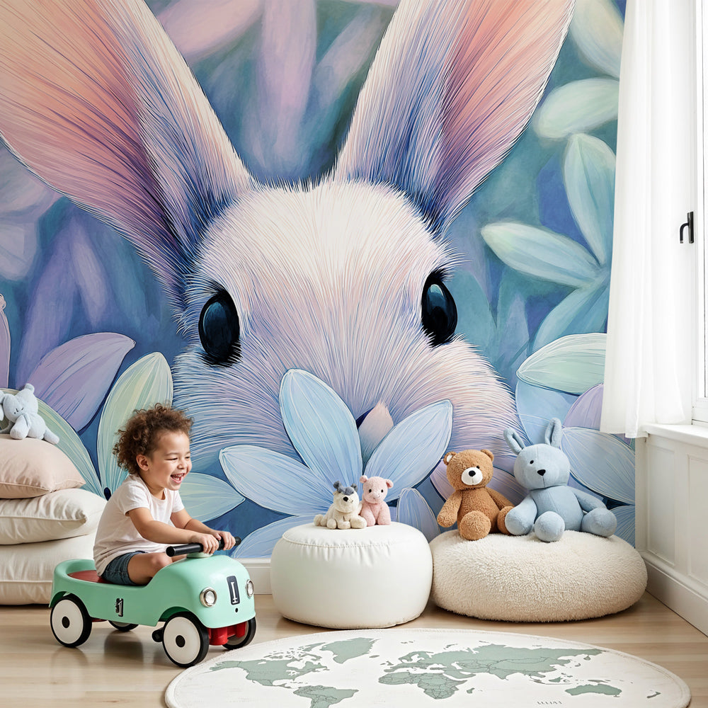 Curious rabbit garden mural wallpaper in peaceful nursery setting by Kids-Mundo