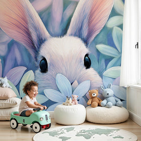 Curious rabbit garden mural wallpaper in peaceful nursery setting by Kids-Mundo