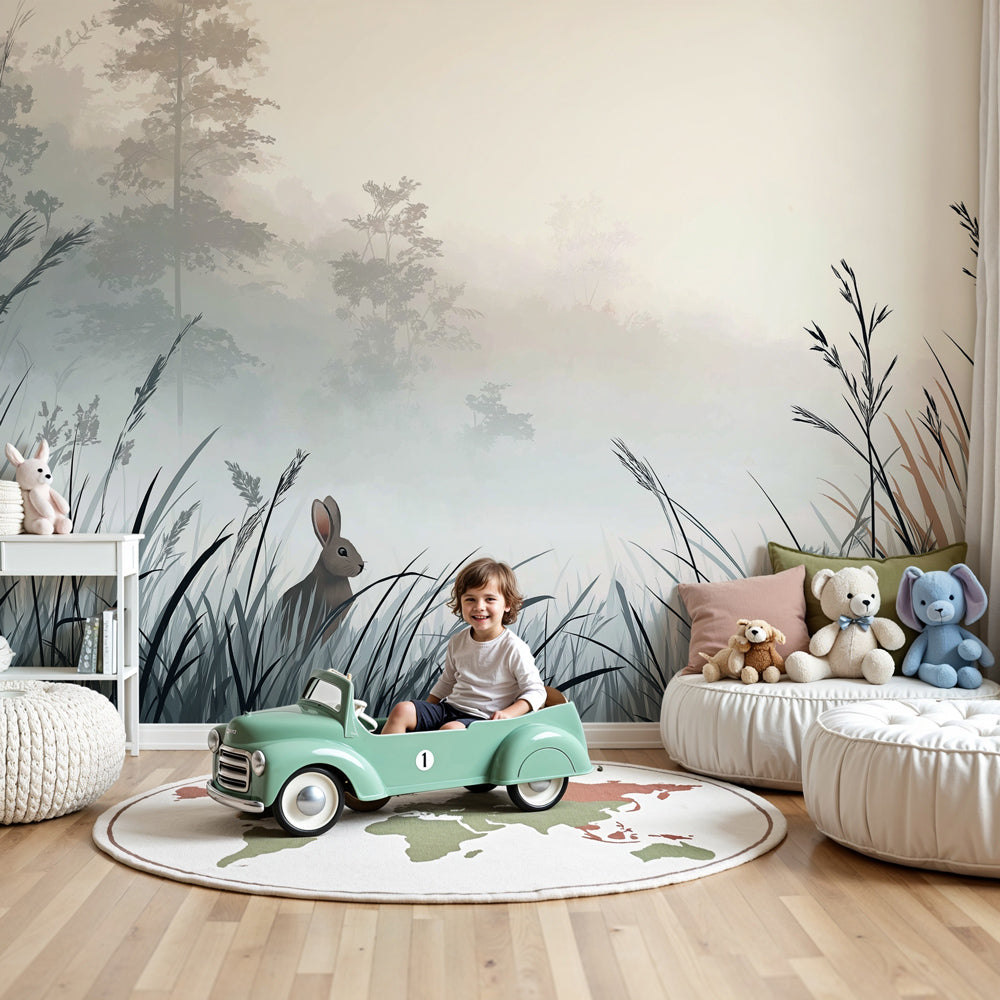 Rabbit meadow mural wallpaper creating peaceful nursery atmosphere with soft gray and blue tones by Kids-Mundo