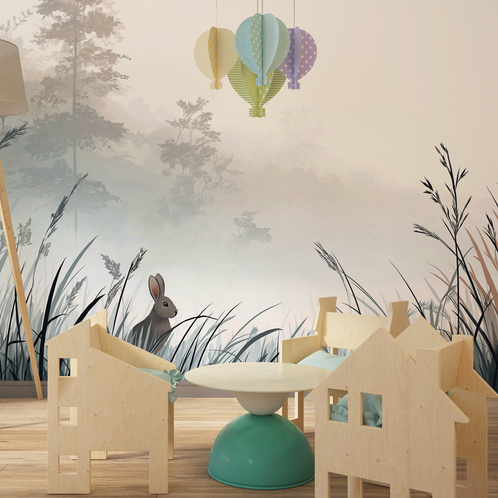 Peaceful rabbit mural wallpaper with tall grass creating calming playroom decor by Kids-Mundo