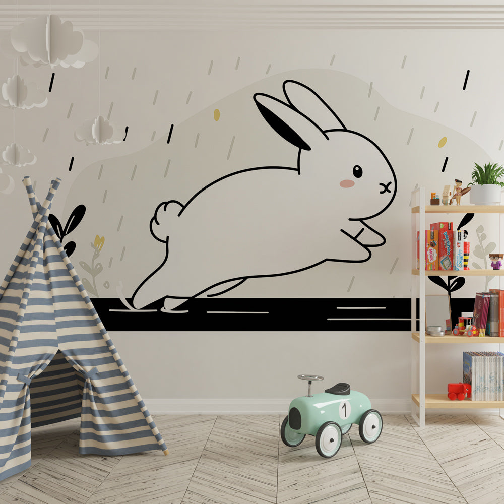 Gentle rabbit wallpaper with raindrops and flowers in cozy baby room setting