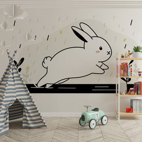 Gentle rabbit wallpaper with raindrops and flowers in cozy baby room setting