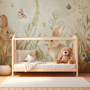 Enchanted meadow rabbit wallpaper creating magical children's bedroom atmosphere