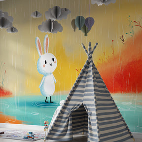 Magical rabbit wallpaper in children's bedroom showing peaceful rain scene with natural colors