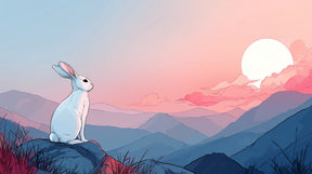 Detailed contemplative rabbit mural wallpaper design pattern with twilight mountain landscape by Kids-Mundo