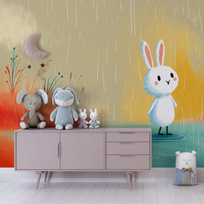 Enchanting bunny rain mural wallpaper transforming kids room into magical nature sanctuary