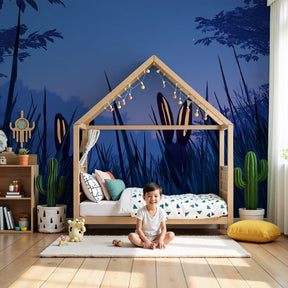 Mystical rabbit mural wallpaper creating magical moonlit atmosphere in modern kids nursery by Kids-Mundo