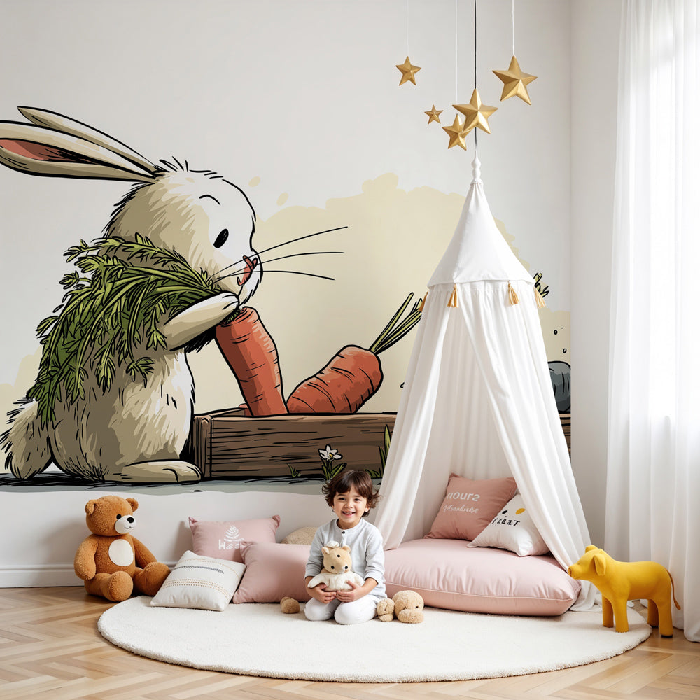 Rabbit mural wallpaper with cute bunny and carrots decorating modern nursery by Kids-Mundo