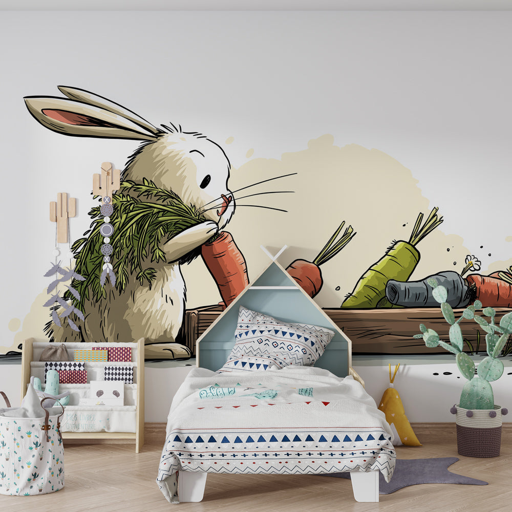 Bunny and carrot mural wallpaper transforming playroom into magical garden adventure space