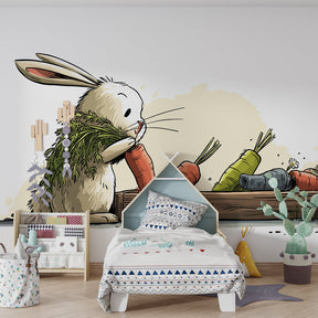 Bunny and carrot mural wallpaper transforming playroom into magical garden adventure space