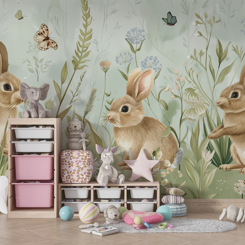 Whimsical bunny prairie wallpaper transforming kids playroom into nature sanctuary