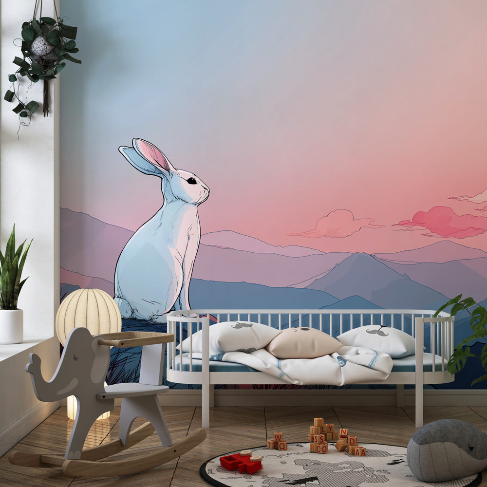 Mountain sunset rabbit wallpaper creating serene bedtime environment in kids room by Kids-Mundo