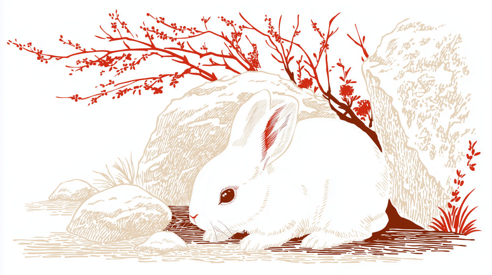 Detailed rabbit and flowering branches mural wallpaper design pattern by Kids-Mundo