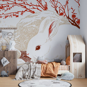 Gentle rabbit garden mural wallpaper creating serene children's bedroom atmosphere