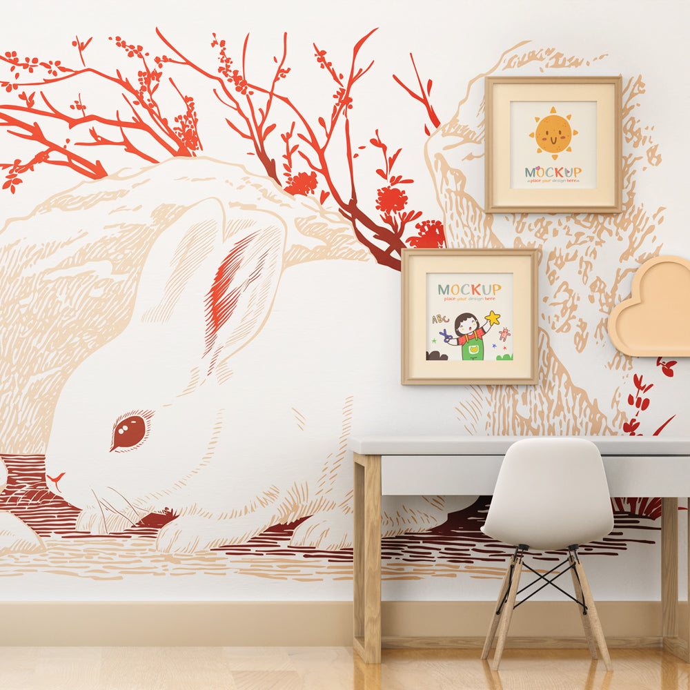 Rabbit nature wallpaper in cozy kids reading corner with natural wood furniture
