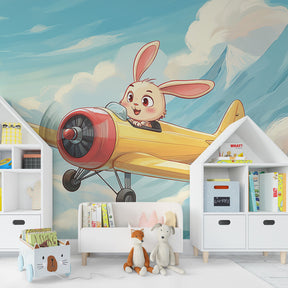 Aviation themed rabbit wallpaper transforming children's playroom into sky adventure space