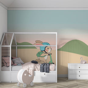 Dynamic rabbit adventure mural wallpaper creating playful nursery atmosphere with soft colors