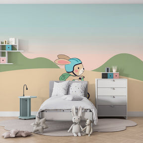 Whimsical rabbit mural wallpaper for children's playroom featuring outdoor adventure scene