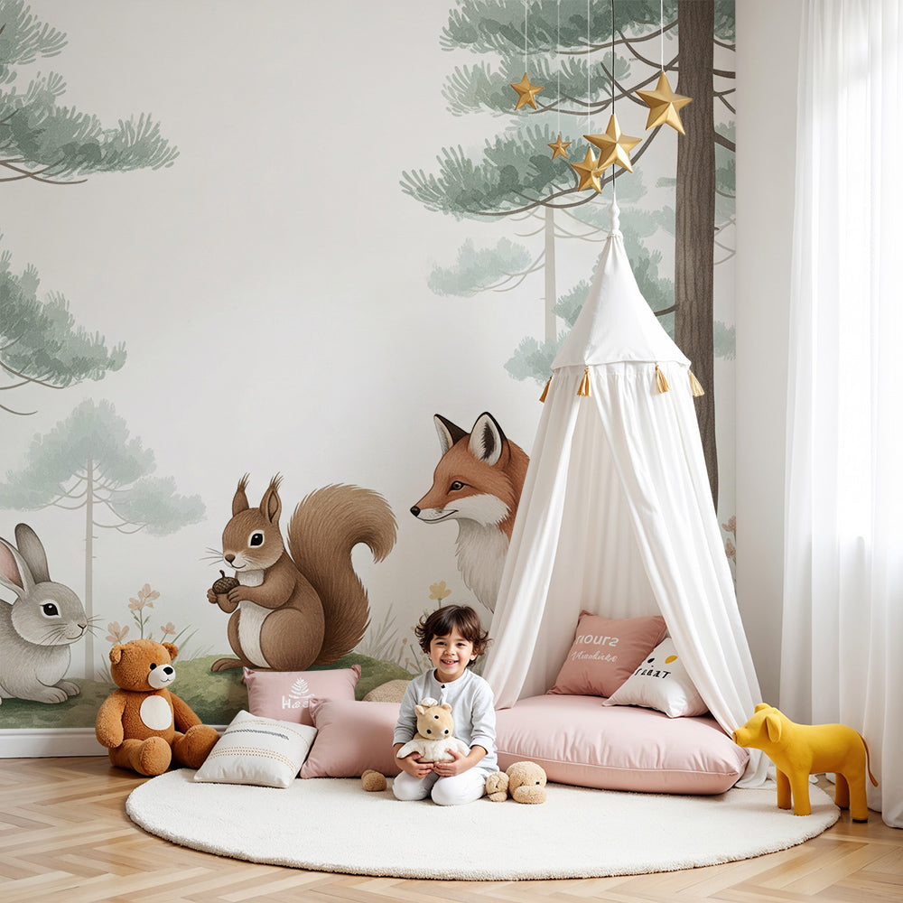 Kids-Mundo rabbit, squirrel and fox wall mural styled in a soft pastel nursery