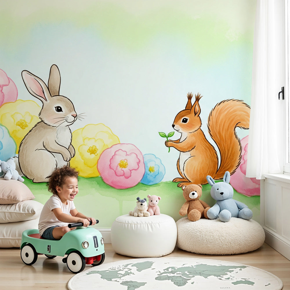 Rabbit and squirrel mural wallpaper creating magical nursery decor with floral garden design by Kids-Mundo