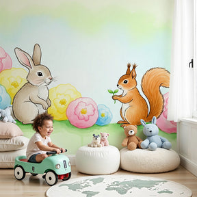 Rabbit and squirrel mural wallpaper creating magical nursery decor with floral garden design by Kids-Mundo