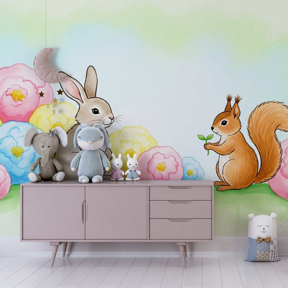 Floral garden mural wallpaper with rabbit and squirrel creating enchanting kids room atmosphere
