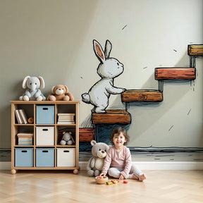 Rabbit climbing stairs mural wallpaper in modern nursery setting by Kids-Mundo