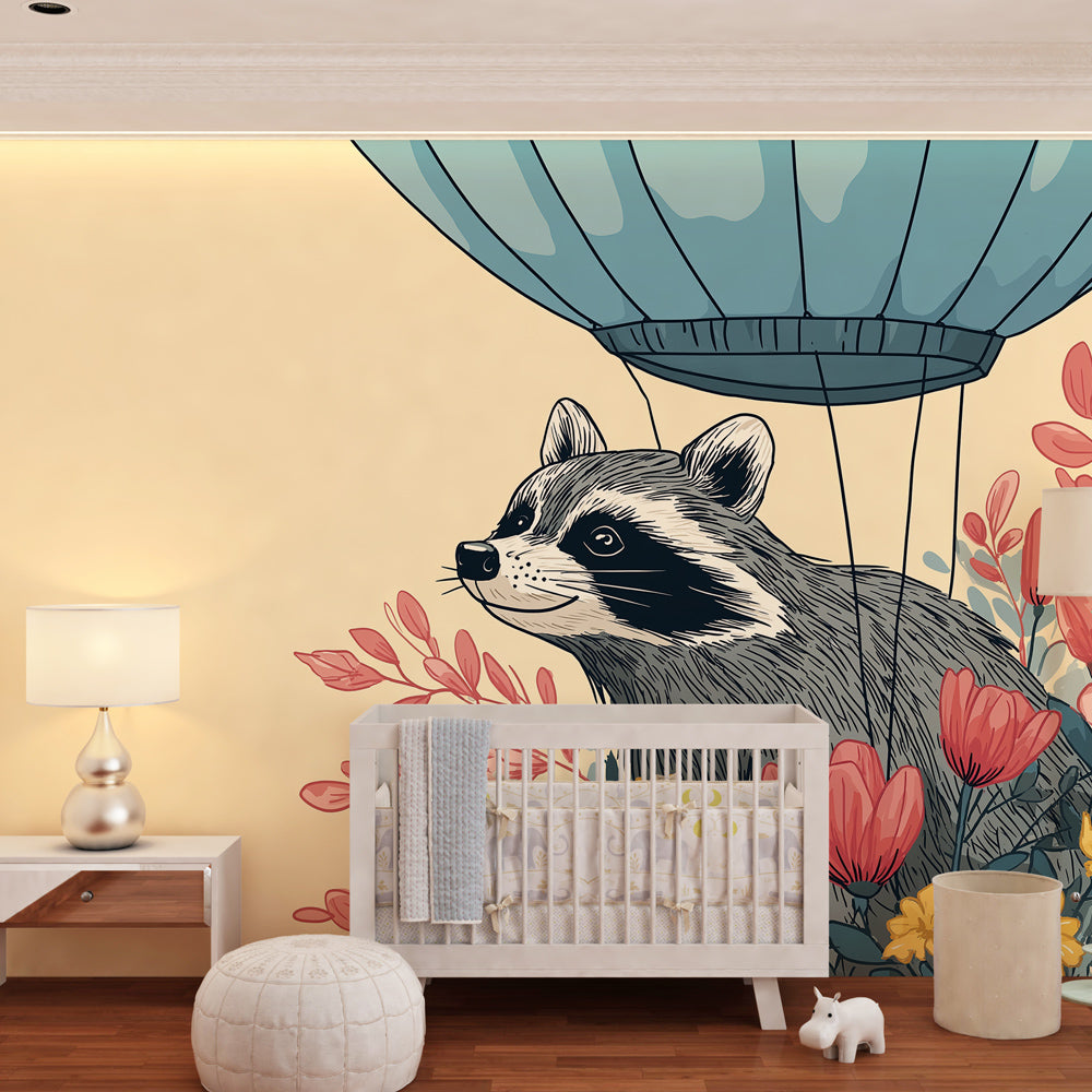 Adventure raccoon wallpaper creating magical children's bedroom decor with botanical elements