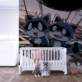 Raccoon hot air balloon wallpaper transforming children's bedroom into magical adventure space