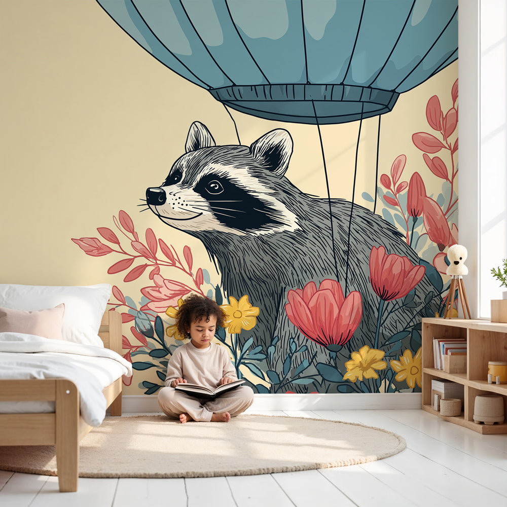Raccoon adventure mural wallpaper with floral hot air balloon design in modern nursery by Kids-Mundo