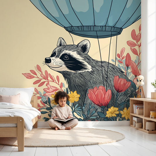 Raccoon adventure mural wallpaper with floral hot air balloon design in modern nursery by Kids-Mundo