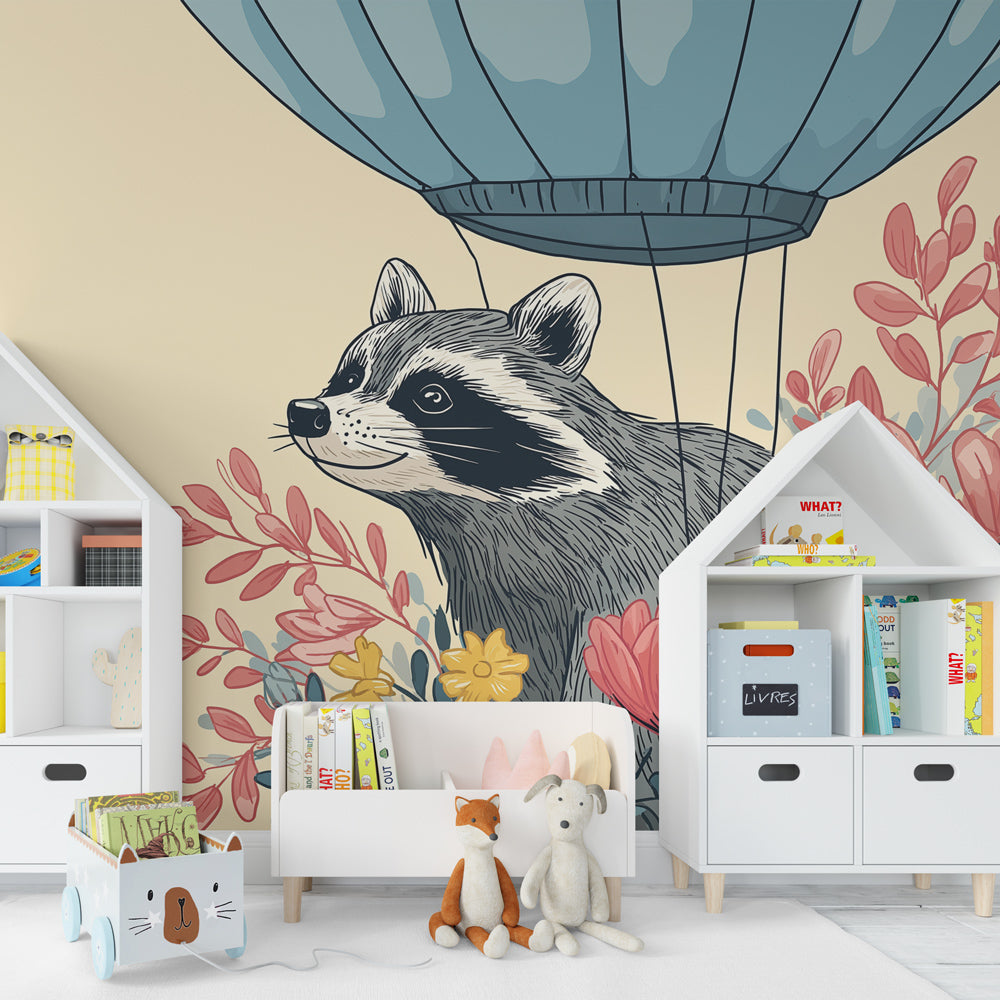 Hot air balloon raccoon mural wallpaper transforming kids playroom with nature theme