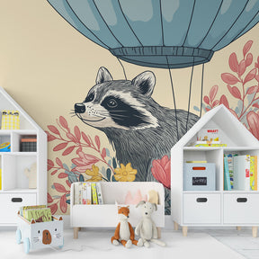 Hot air balloon raccoon mural wallpaper transforming kids playroom with nature theme