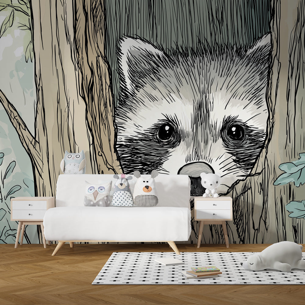 Raccoon tree mural wallpaper as focal point in cozy children's bedroom with natural wood furniture