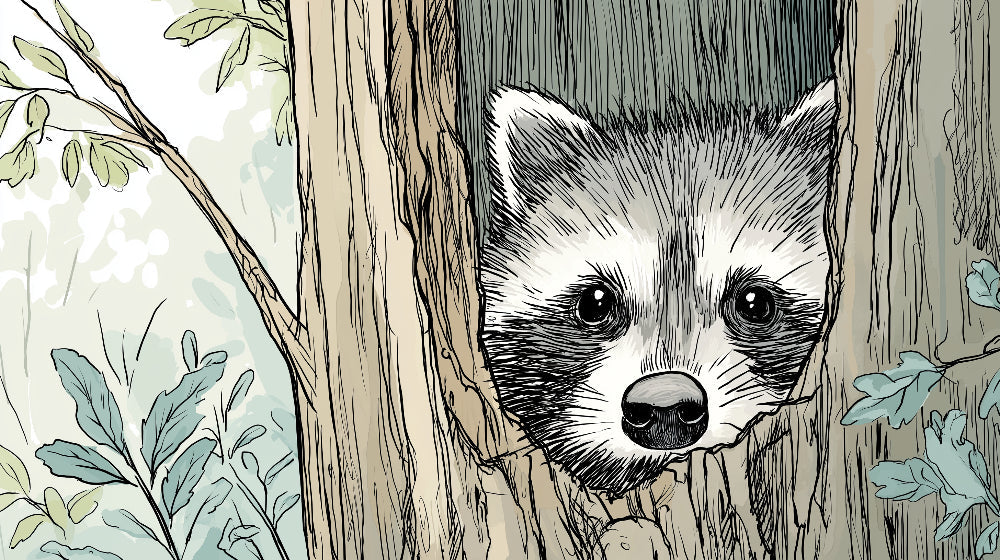 Detailed raccoon in tree mural wallpaper design pattern showing artistic woodland illustration by Kids-Mundo