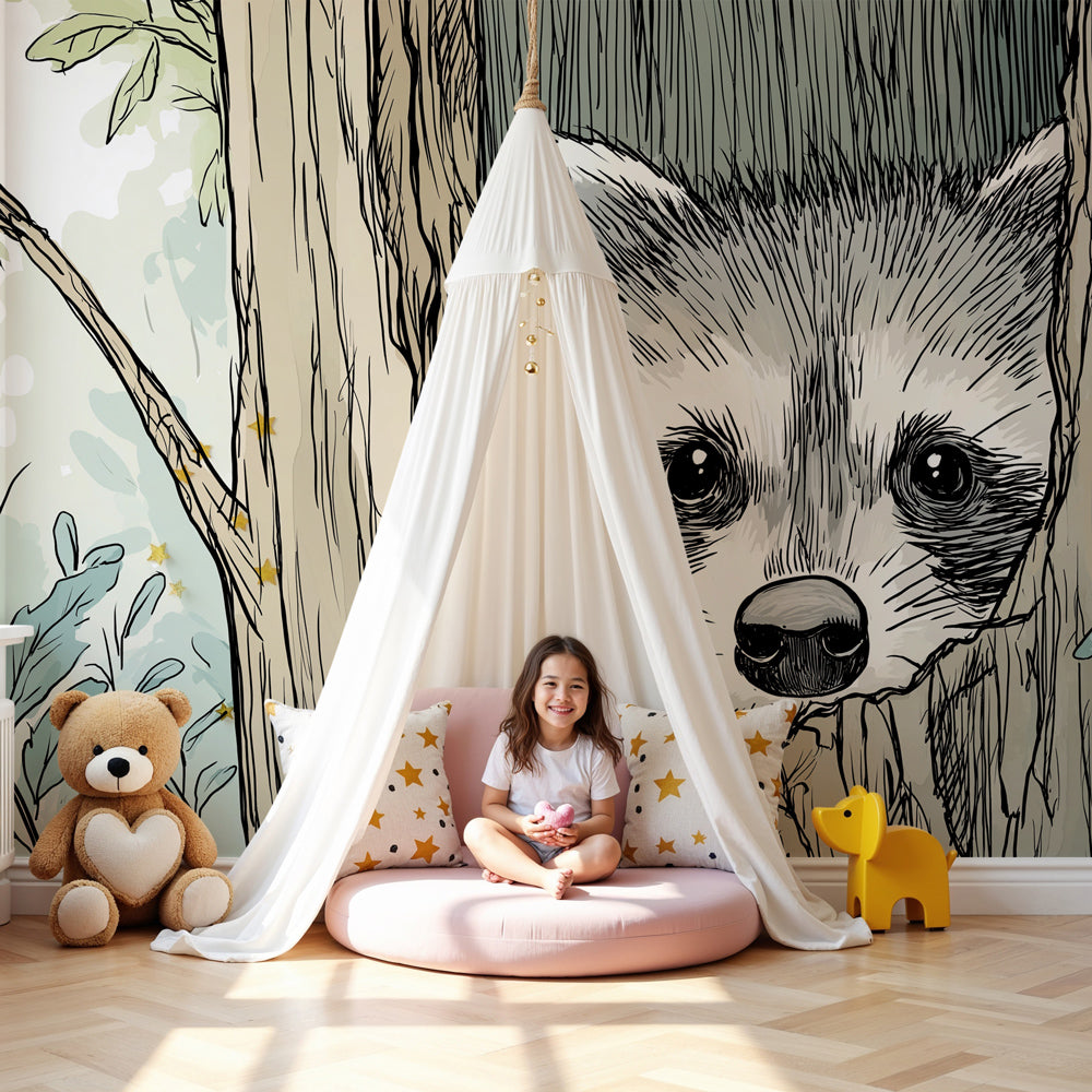 Curious raccoon animal mural wallpaper creating woodland atmosphere in modern kids nursery by Kids-Mundo
