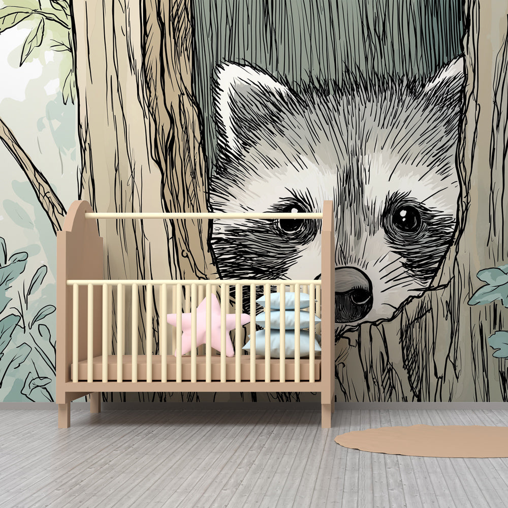 Woodland raccoon mural wallpaper inspiring imaginative play in bright kids playroom setting