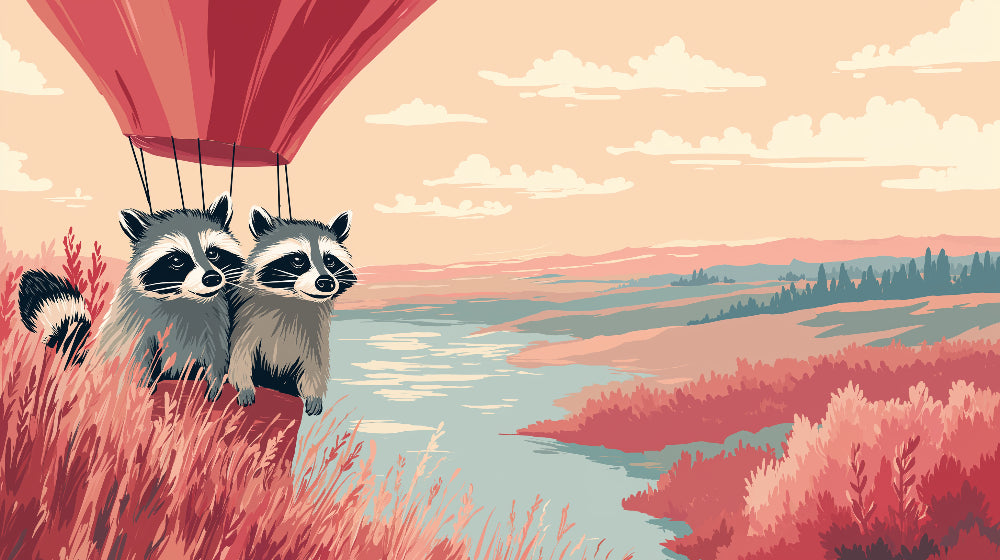Detailed raccoon hot air balloon mural wallpaper design pattern with pastel sky theme by Kids-Mundo