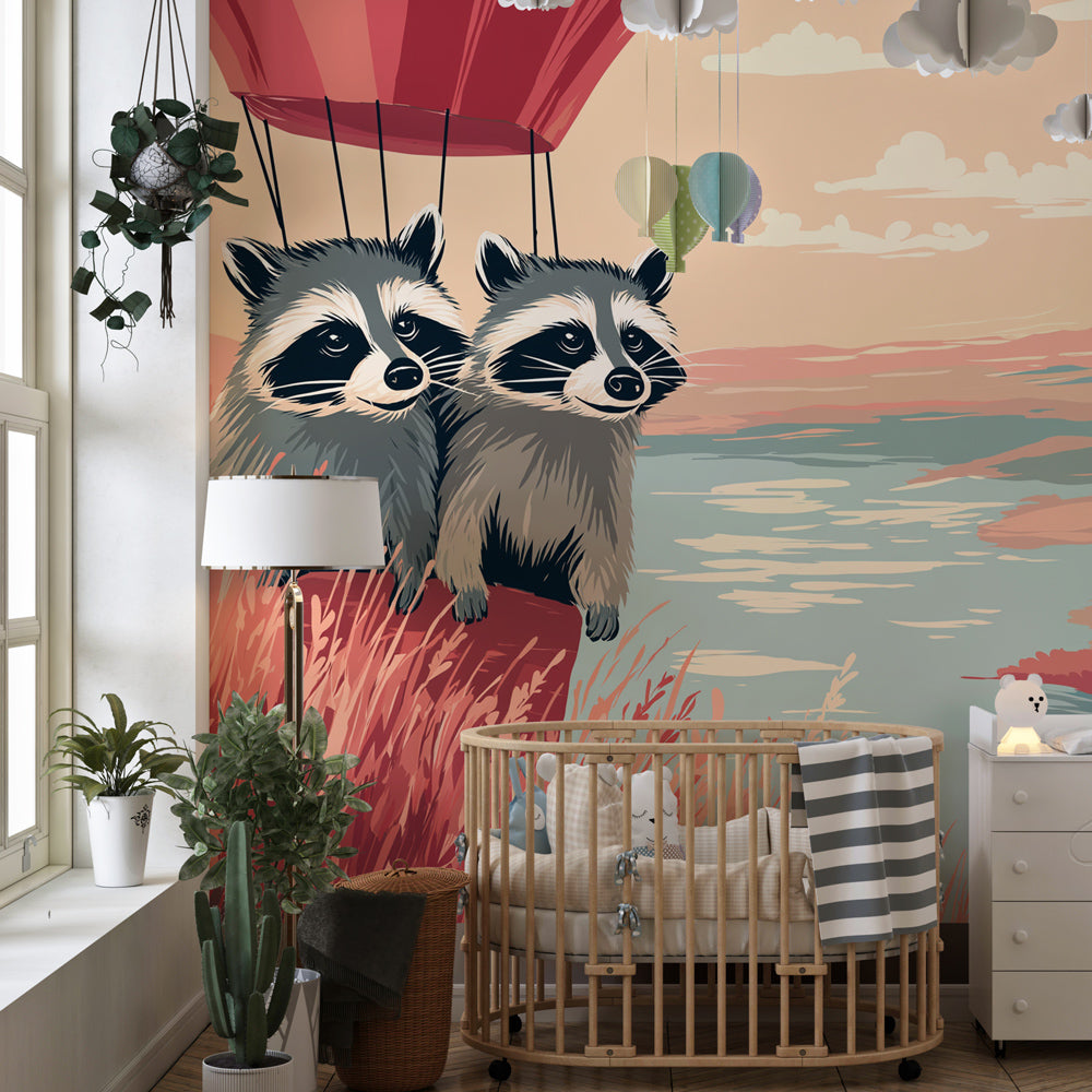 Whimsical raccoon balloon wallpaper creating magical atmosphere in kids' playroom space