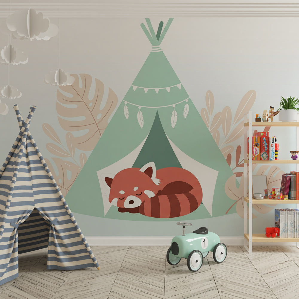 Camping themed wallpaper featuring raccoon under tent in peaceful kids bedroom decor