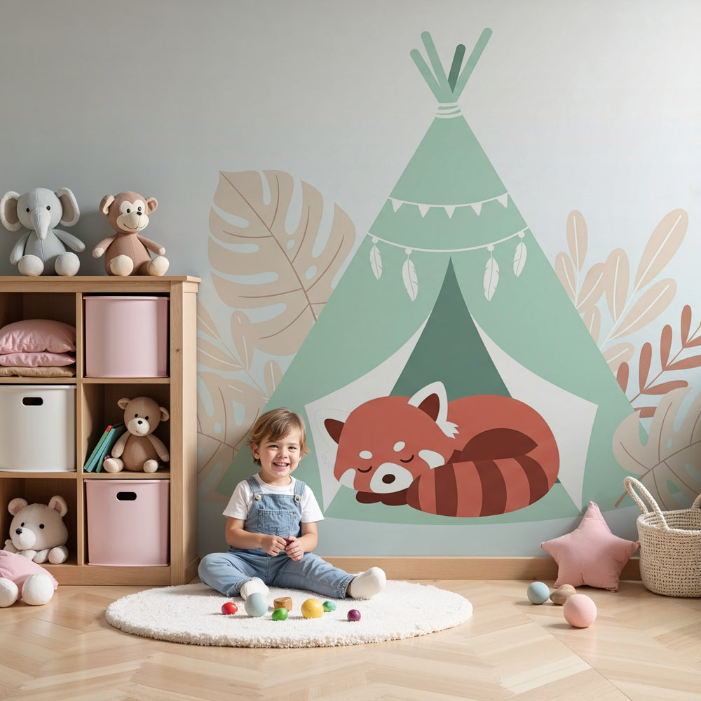 Raccoon camping mural wallpaper in cozy nursery with natural wood furniture by Kids-Mundo